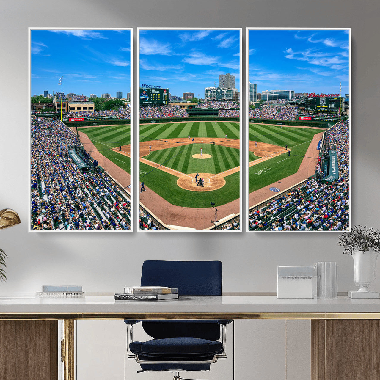 35800083-MGV-FC-48X32-3P - Wrigley Field Baseball Stadium Canvas Wall Art – Packed Crowd Sports Stadium City Skyline Artwork for Home Office