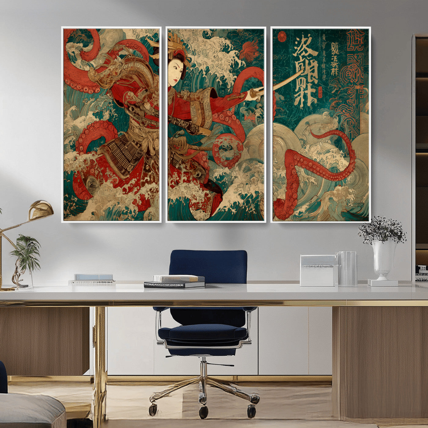 MGV-FC-48X32-3P - Tsukioka Yoshitoshi Samurai Wall Art Print, Japanese Katana Warrior Canvas Wall Art, Octopus Sea Monster Canvas Print,
