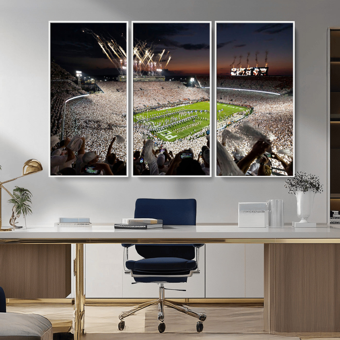 MGV-FC-48X32-3P - Penn State Stadium Wall Art Print, White Out Football Game Canvas Wall Art, Framed Sports Stadium,