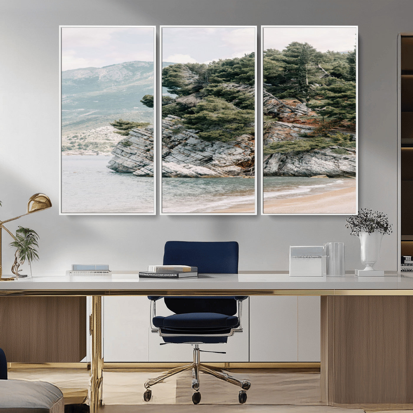 MGV-FC-48X32-3P - Coastal Rock Canvas Wall Art Print, Scenic Beach Landscape, Pine Trees on Rocky Cliff, Large Nature