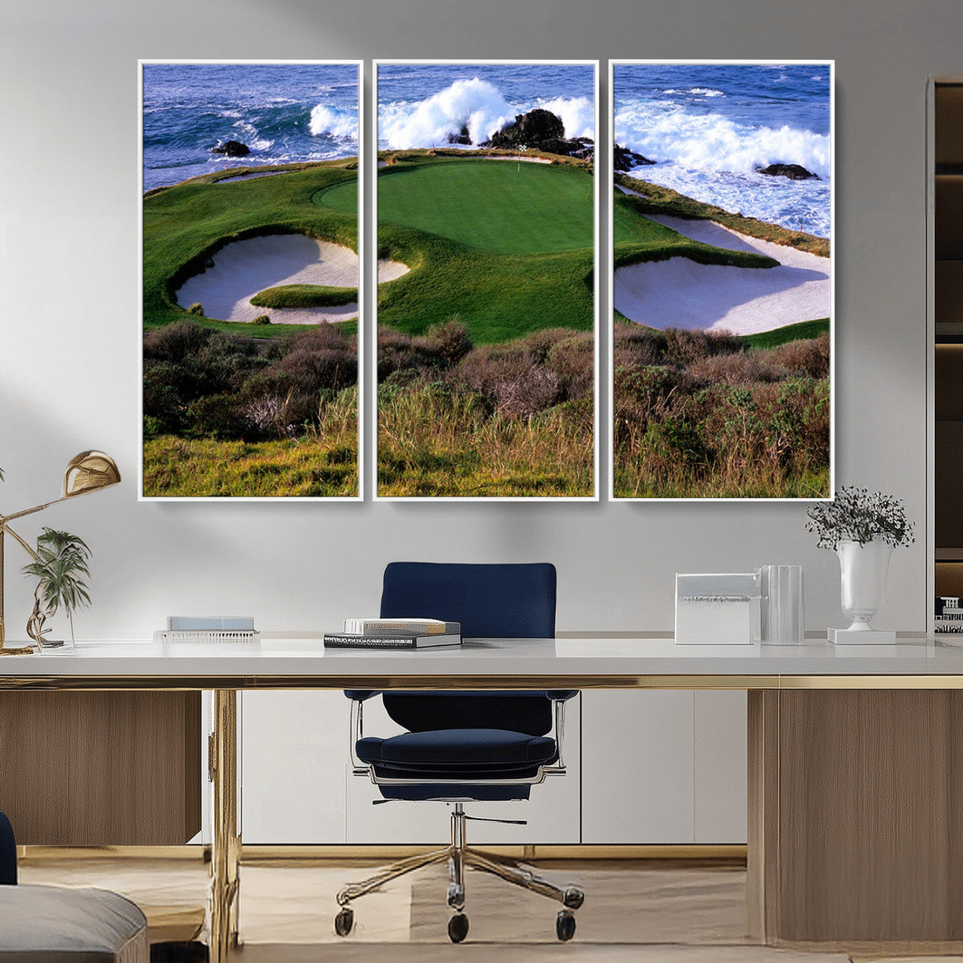22776914-MGV-FC-48X32-3P_White-Ocean Cliff Golf Green Canvas Print – Framed Majestic Coastal Scene with Lush Green Artwork for Home, Office