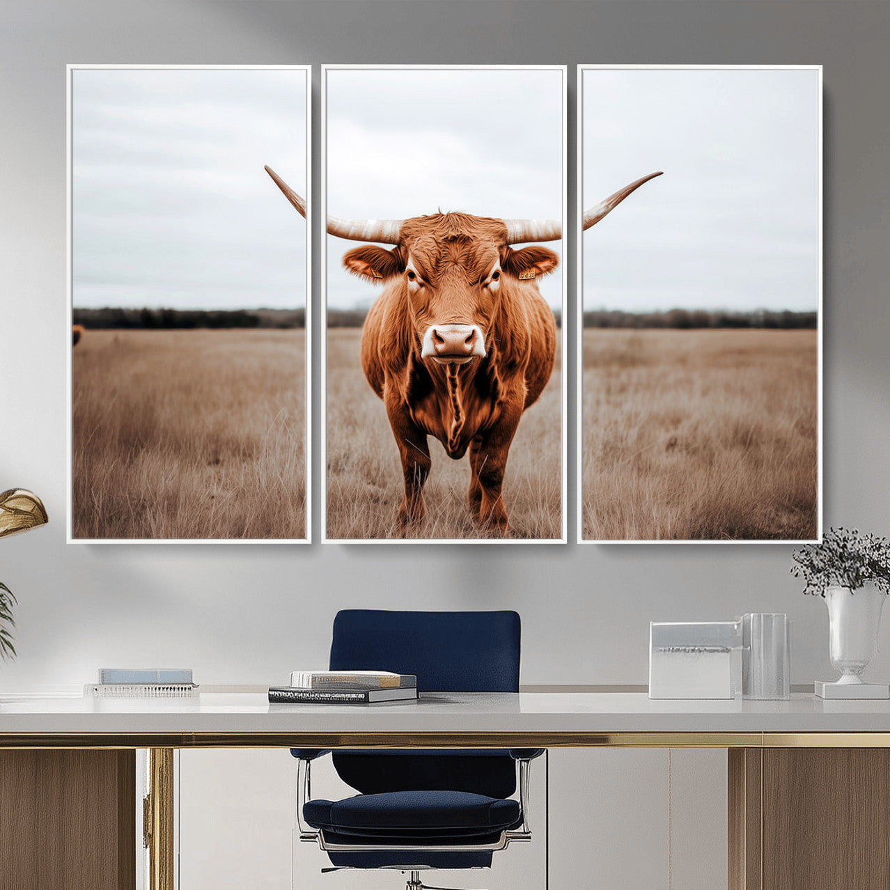 16316734-MGV-FC-48X32-3P - Longhorn bull, open field, rustic charm, natural beauty, Wall Art Canvas Print, countryside,