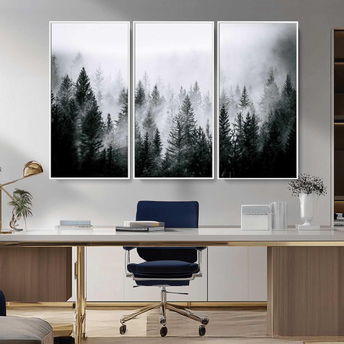 MGV-FC-48X32-3P - Foggy Pine Forest Canvas Wall Art – Black and White Nature Landscape Print, Horizontal Canvas for
