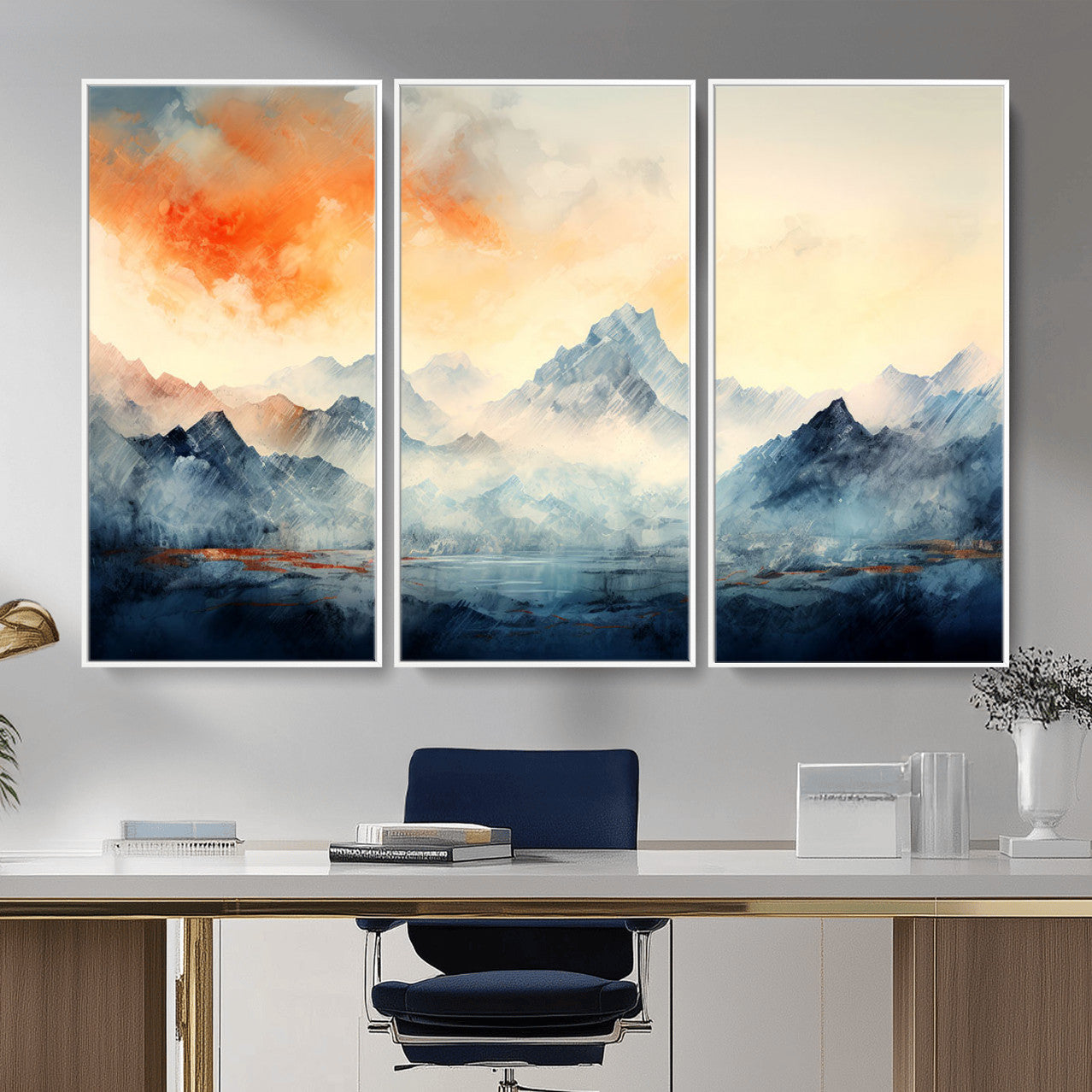 WRM1005-MGV-FC-48X32-3P - Warm Clouds Abstract Mountain Wall Art, Modern Landscape Canvas Print, Minimal Framed Artwork for Home, Office