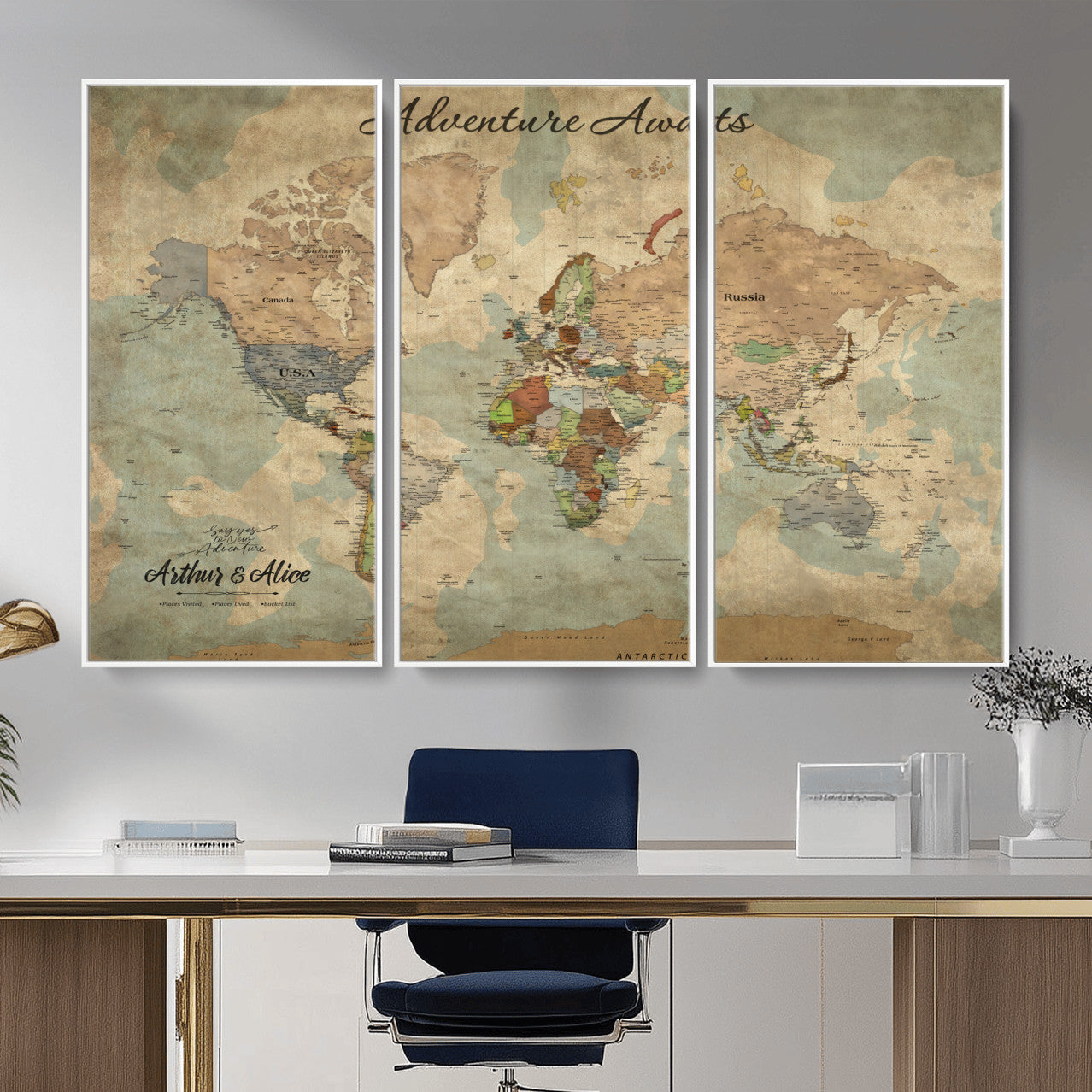 MGV-FC-48X32-3P - Personalized World Map Wall Art Canvas Print – Custom Push Pin Travel Map for Couples, Families, or Office Décor