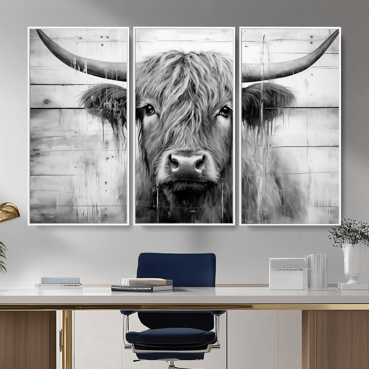 1001HASAN27-MGV-FC-48X32-3P - Black White Highland Cow Wall Art Canvas Print