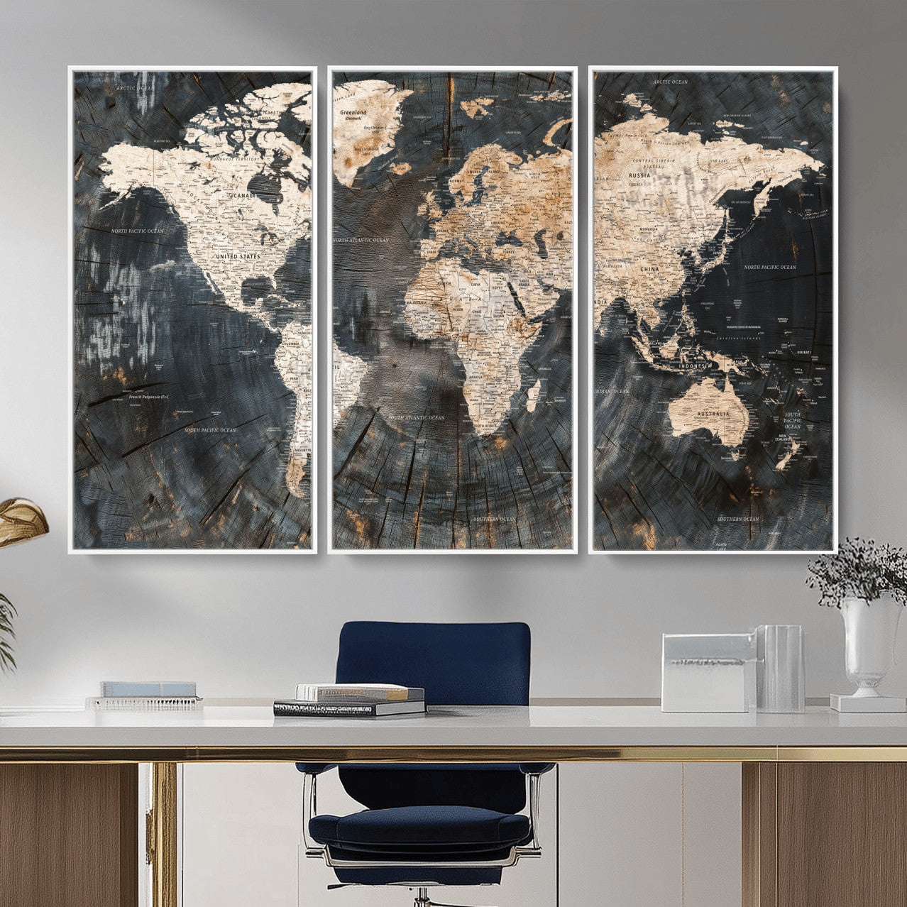 57626704-MGV-FC-48X32-3P - World Map Wall Art Canvas Print, Modern Decorative Framed Map Artwork Prints for Living Room, Office, Bedroom Wall Decor