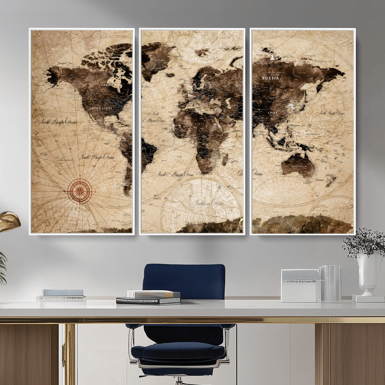 97114757-MGV-FC-48X32-3P - World Map Wall Art Canvas Print, Modern Decorative Framed Map Artwork Prints for Living Room, Office, Bedroom Wall Decor