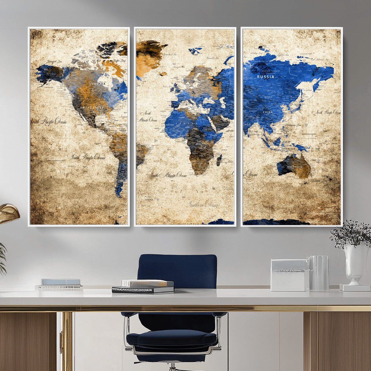 13564339-MGV-FC-48X32-3P - World Map Wall Art Canvas Print, Modern Decorative Framed Map Artwork Prints for Living Room, Office, Bedroom Wall Decor