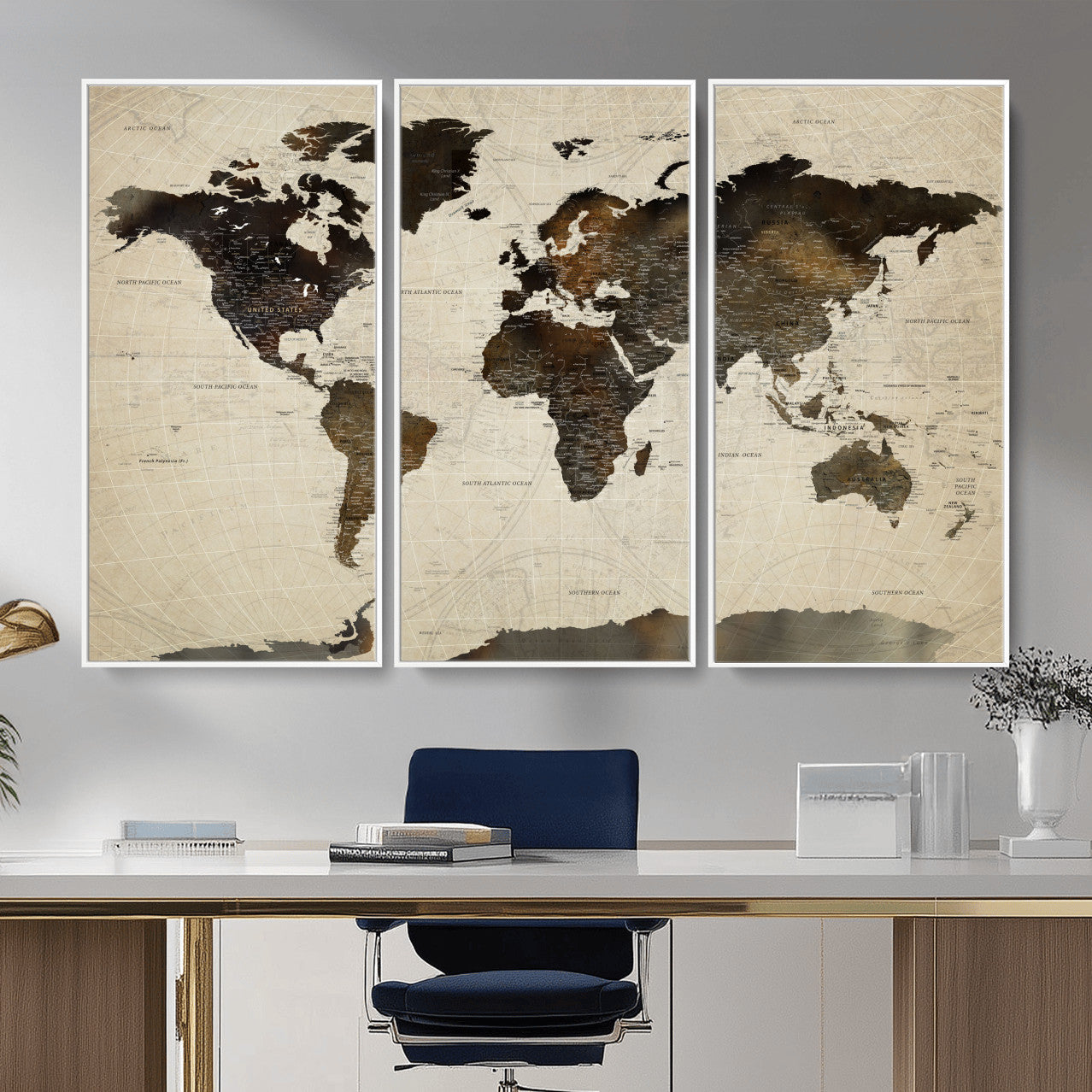 81771296-MGV-FC-48X32-3P - World Map Wall Art Canvas Print, Modern Decorative Framed Map Artwork Prints for Living Room, Office, Bedroom Wall Decor