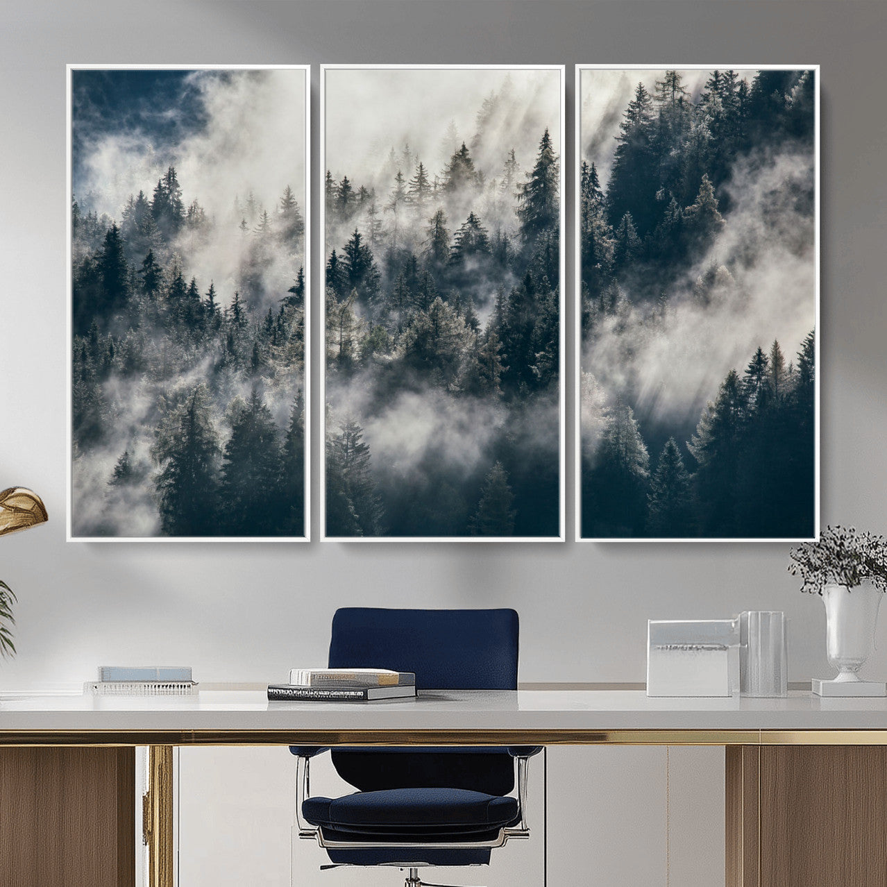 270372951-MGV-FC-48X32-3P - Misty Pine Forest Canvas Wall Art – Dark Forest Mountaing and Nature Landscape Print, Horizontal Canvas Print