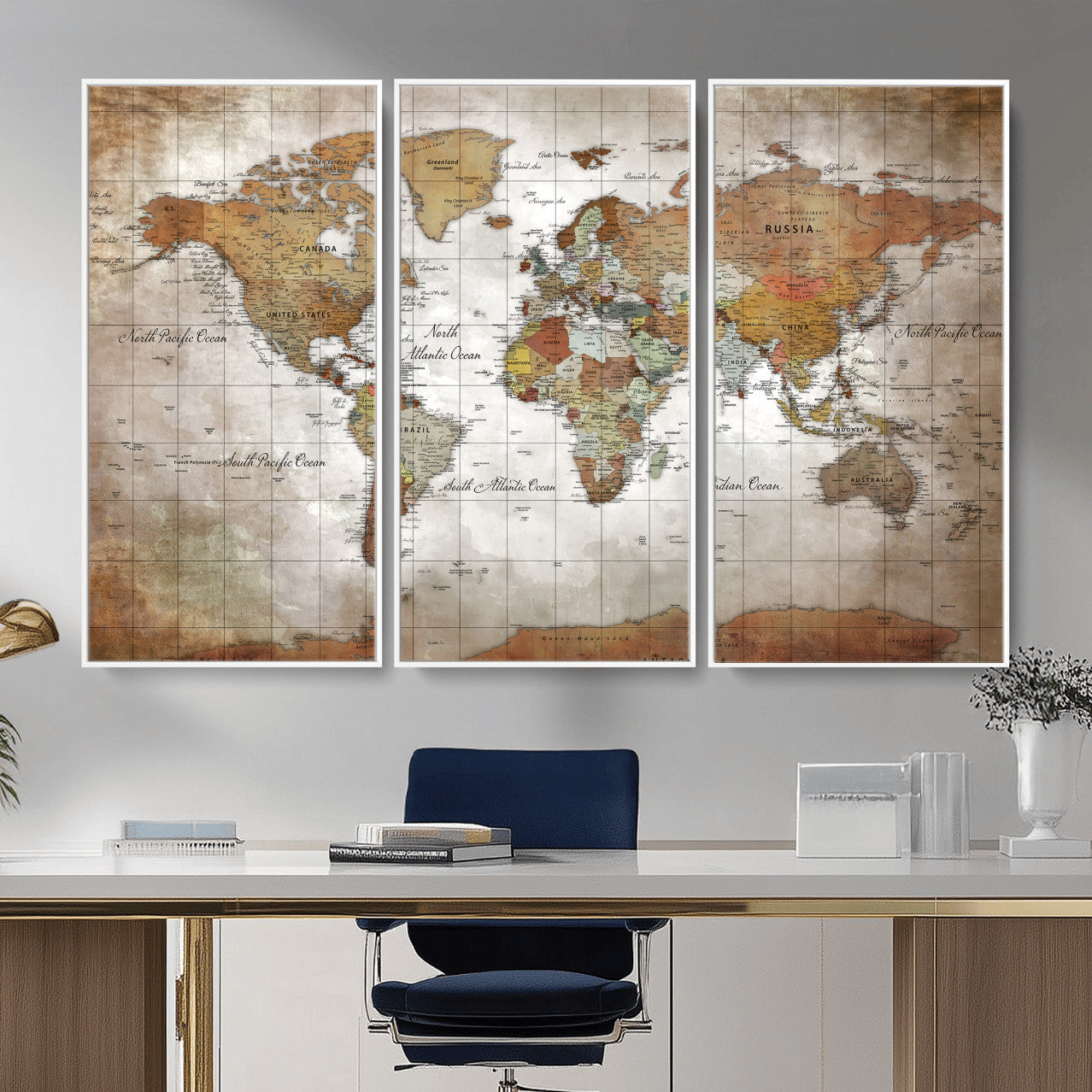 51643807-MGV-CV-36X24 - World Map Wall Art Canvas Print, Modern Decorative Framed Map Artwork Prints for Living Room, Office, Bedroom Wall Decor