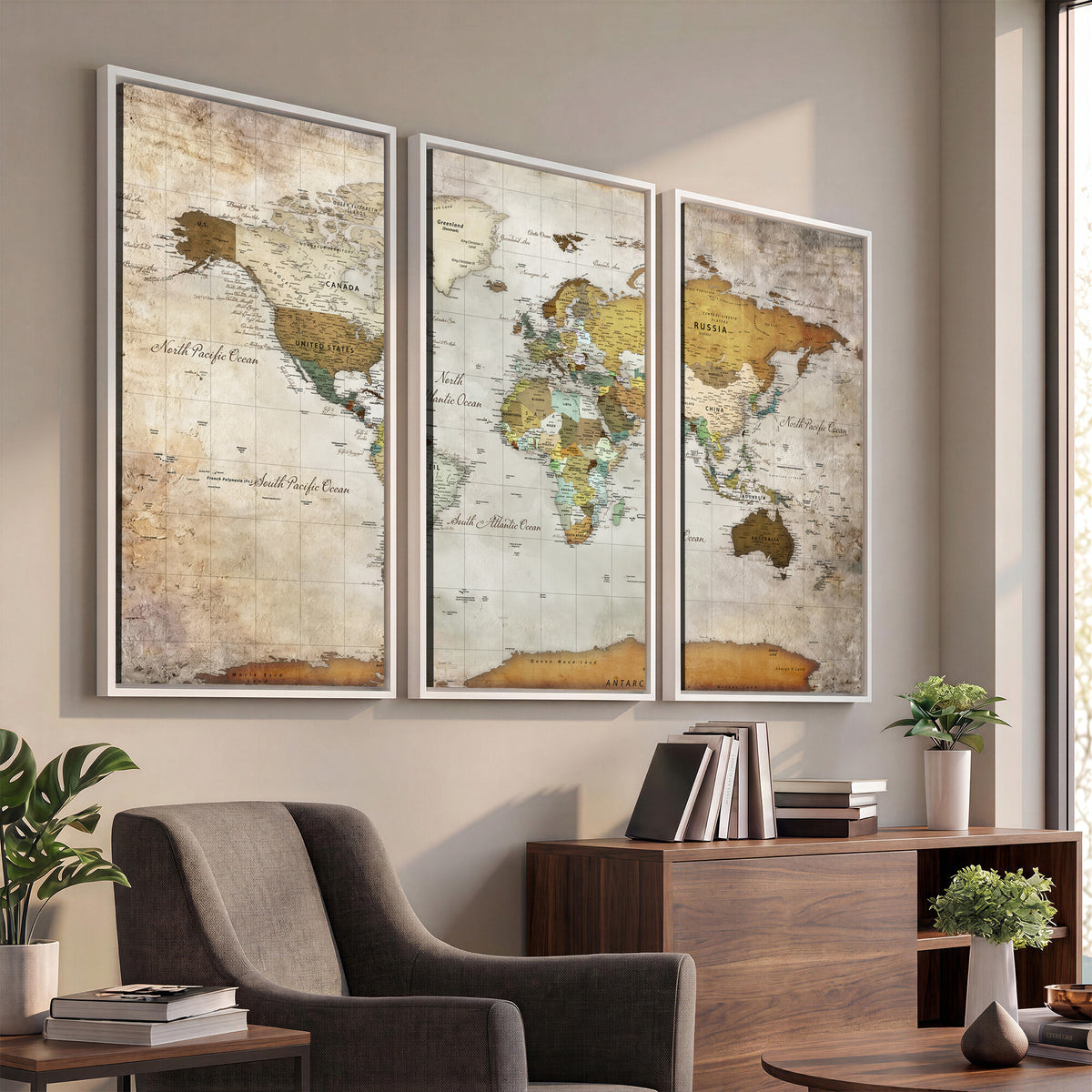 86108417-MGV-CV-36X24 - World Map Wall Art Canvas Print, Modern Decorative Framed Map Artwork Prints for Living Room, Office, Bedroom Wall Decor