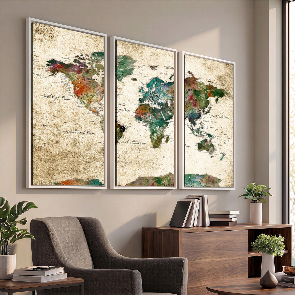 87544591-MGV-CV-36X24 - World Map Wall Art Canvas Print, Modern Decorative Framed Map Artwork Prints for Living Room, Office, Bedroom Wall Decor