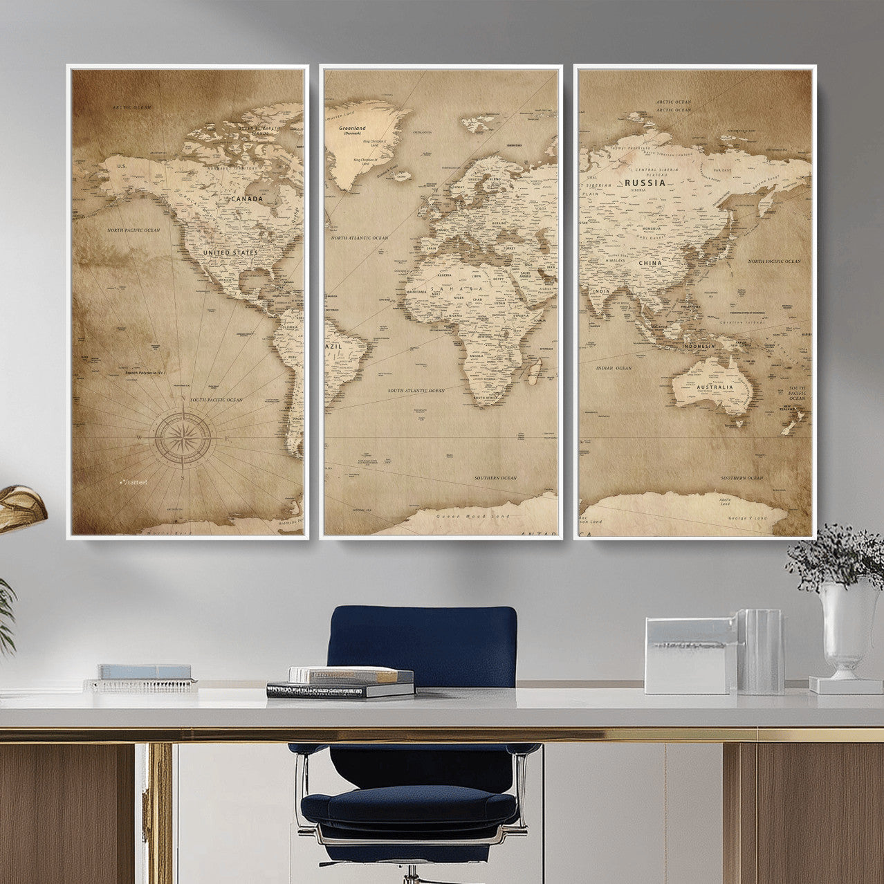 34795134-MGV-CV-36X24 - World Map Wall Art Canvas Print, Modern Decorative Framed Map Artwork Prints for Living Room, Office, Bedroom Wall Decor