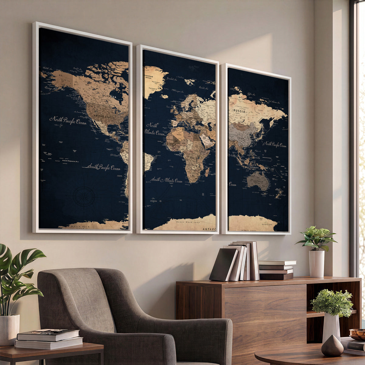 53971530-MGV-CV-36X24 - World Map Wall Art Canvas Print, Modern Decorative Framed Map Artwork Prints for Living Room, Office, Bedroom Wall Decor
