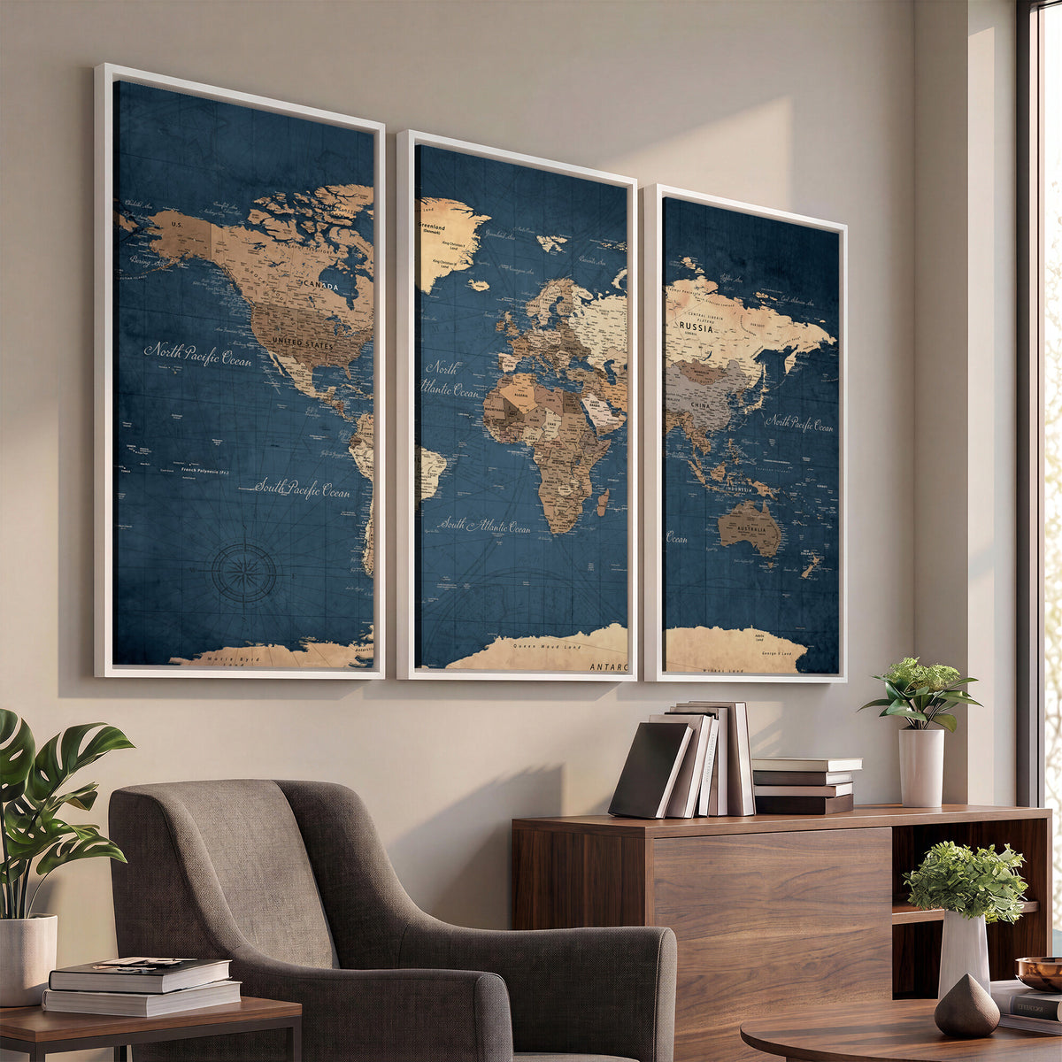 69886352-MGV-CV-36X24 - World Map Wall Art Canvas Print, Modern Decorative Framed Map Artwork Prints for Living Room, Office, Bedroom Wall Decor