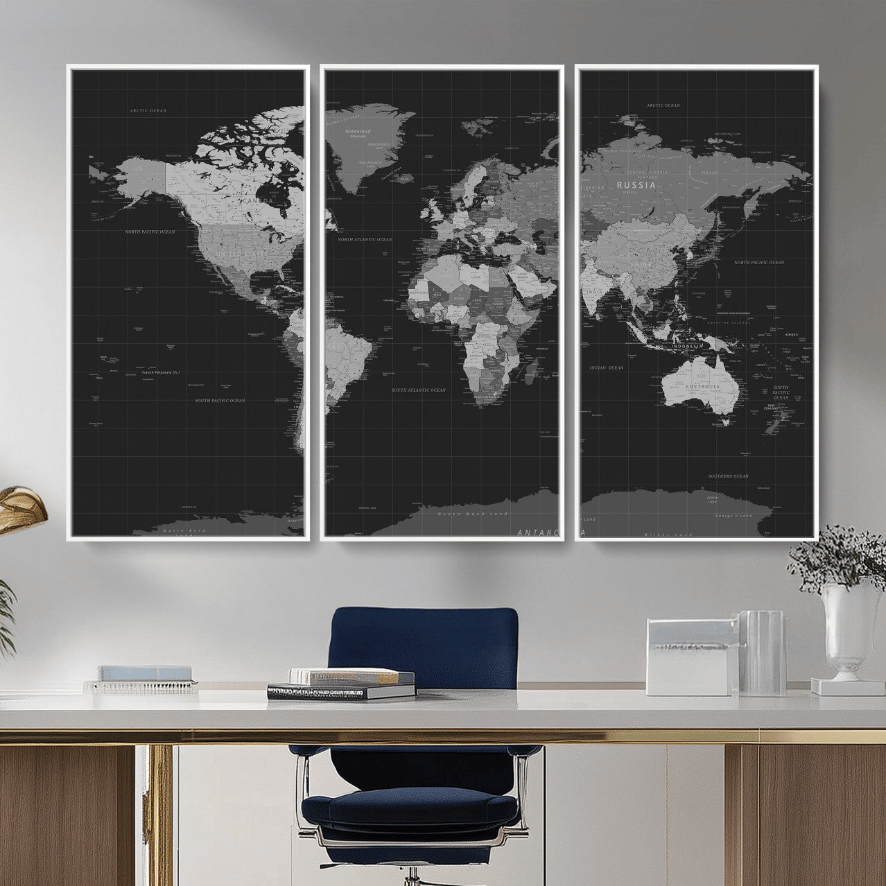 46160121-MGV-CV-36X24 - World Map Wall Art Canvas Print, Modern Decorative Framed Map Artwork Prints for Living Room, Office, Bedroom Wall Decor