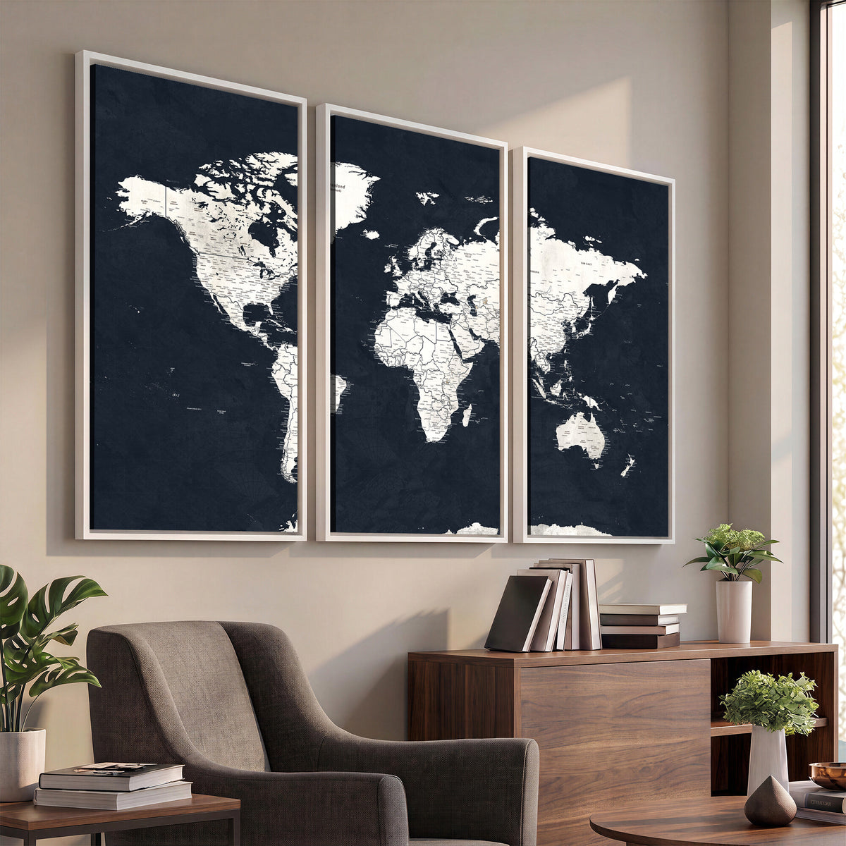 11963807-MGV-CV-36X24 - Black World Map Wall Art Canvas Print for Home Office and Meeting Room Decor