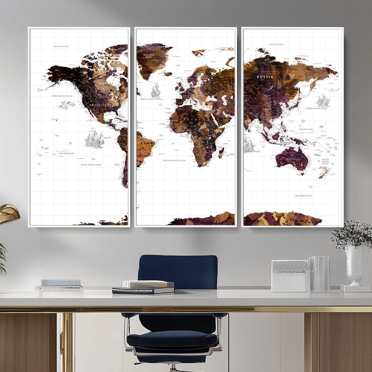 34792695-MGV-CV-36X24 - World Map Wall Art Canvas Print, Modern Decorative Framed Map Artwork Prints for Living Room, Office, Bedroom Wall Decor