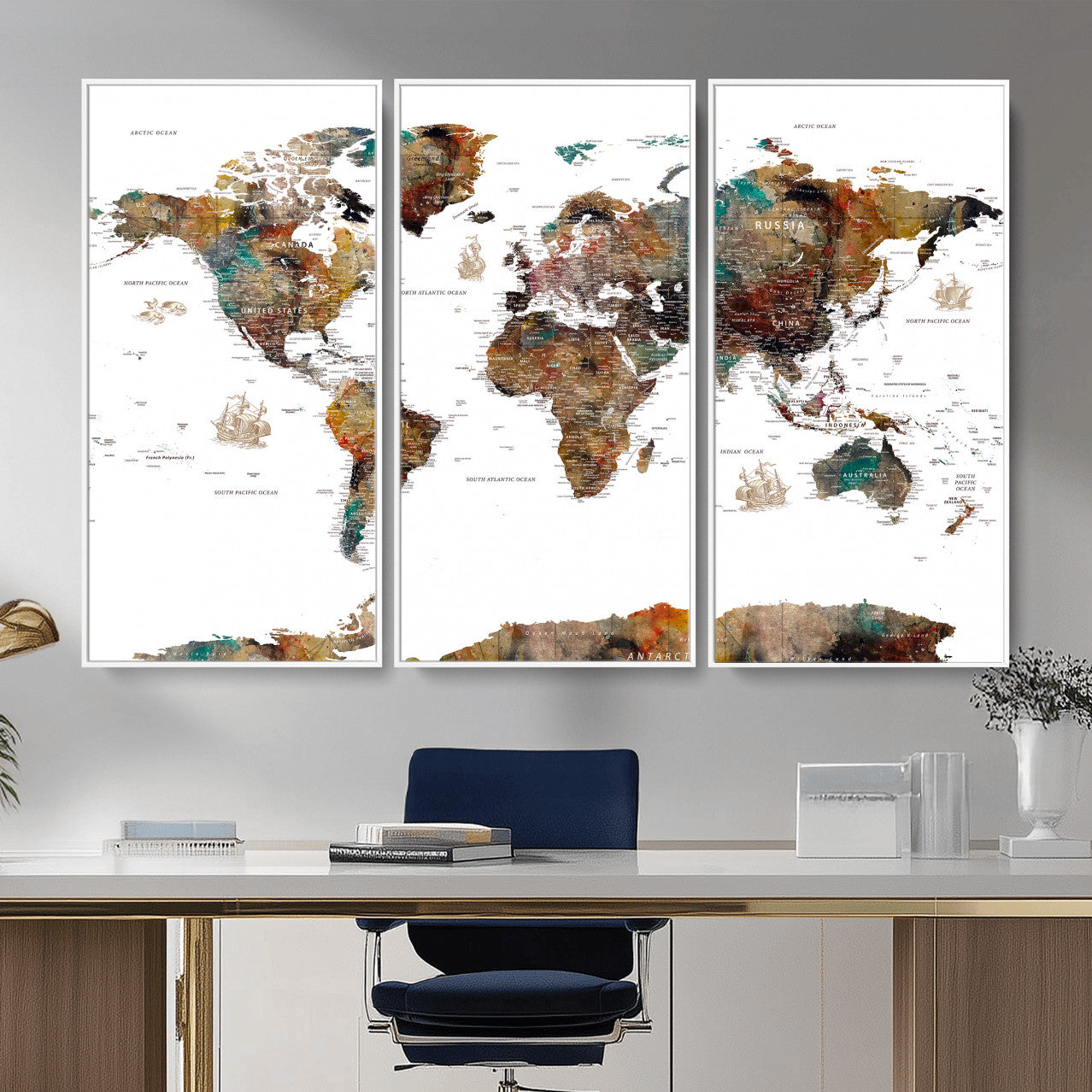 82293175-MGV-CV-36X24 - World Map Wall Art Canvas Print, Modern Decorative Framed Map Artwork Prints for Living Room, Office, Bedroom Wall Decor