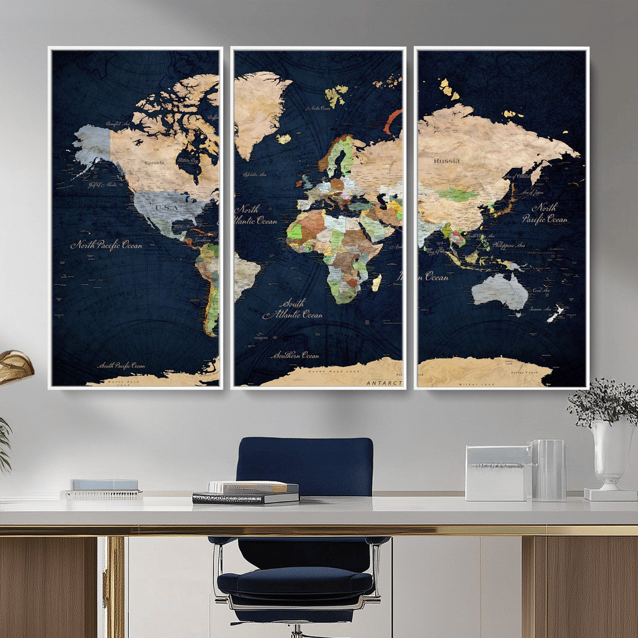 76603563-MGV-CV-36X24 - World Map Wall Art Canvas Print, Modern Decorative Framed Map Artwork Prints for Living Room, Office, Bedroom Wall Decor