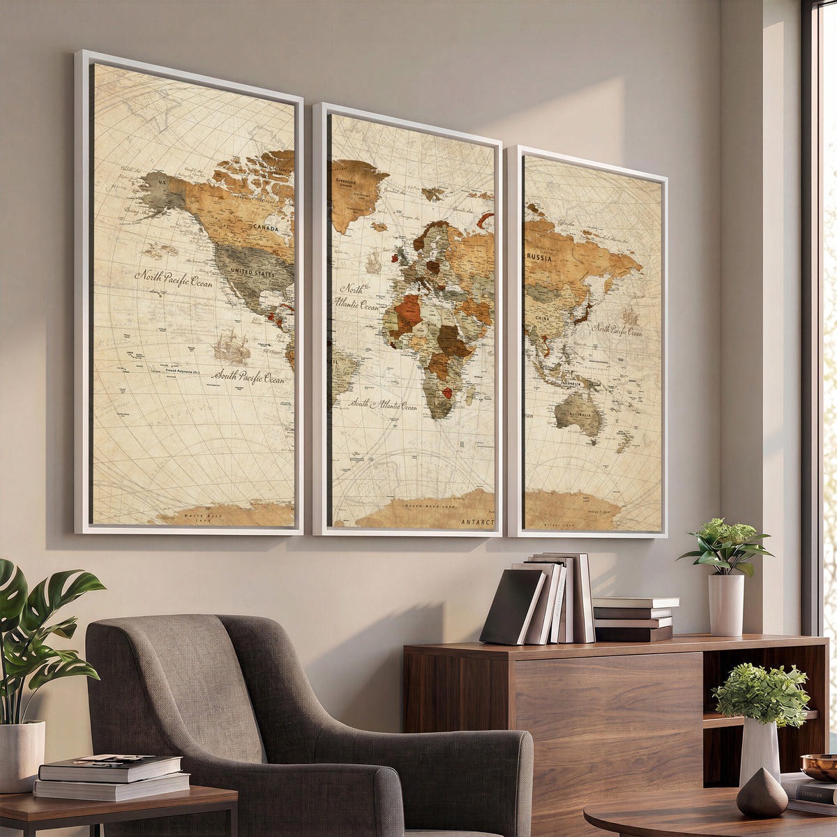 29684537-MGV-CV-36X24 - Vintage World Map Canvas Print, Framed Rustic Detailed Map of the World, Explorer Decor