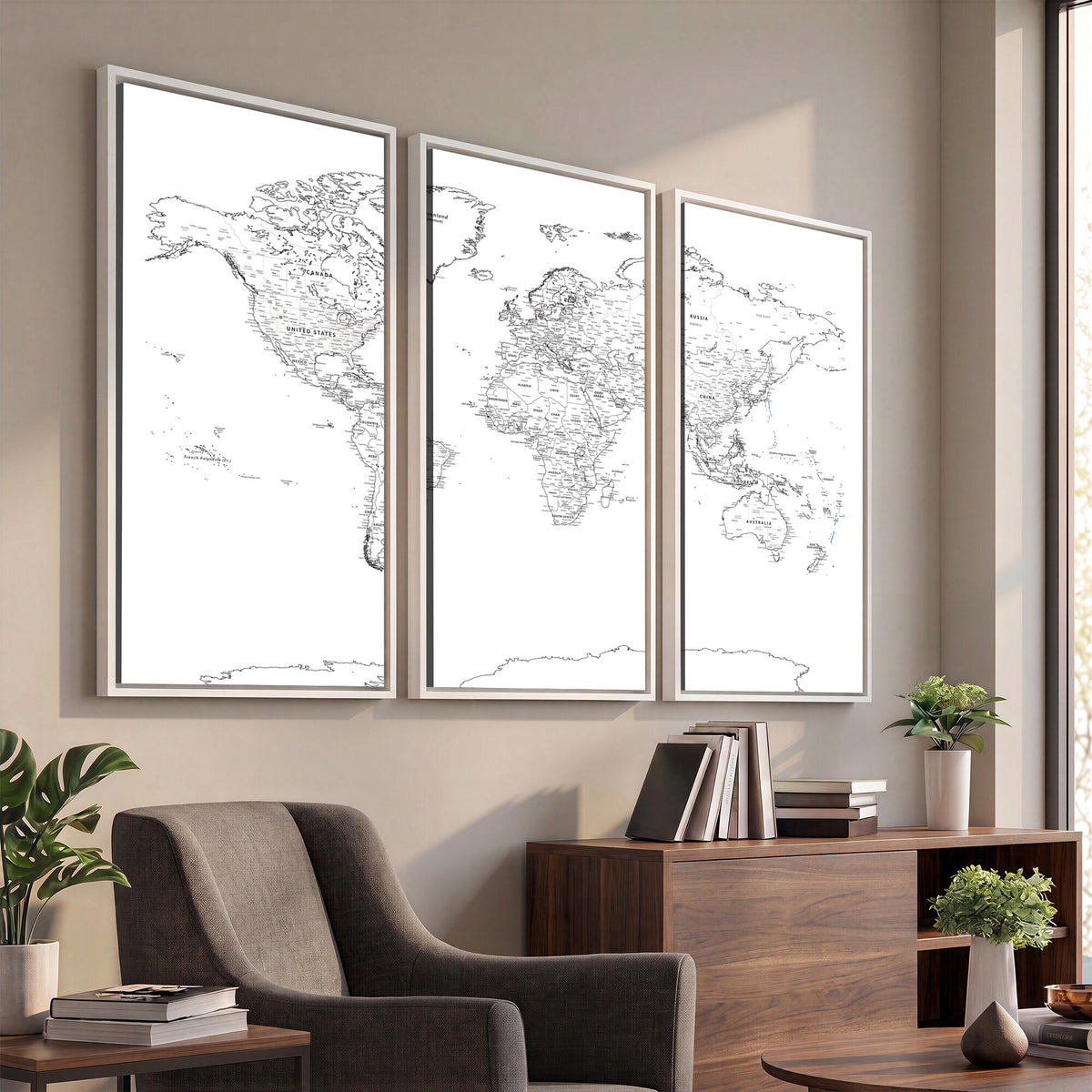 21002736-MGV-CV-36X24 - World Map Canvas Print, Framed Modern Detailed Map of the World for Home or Office