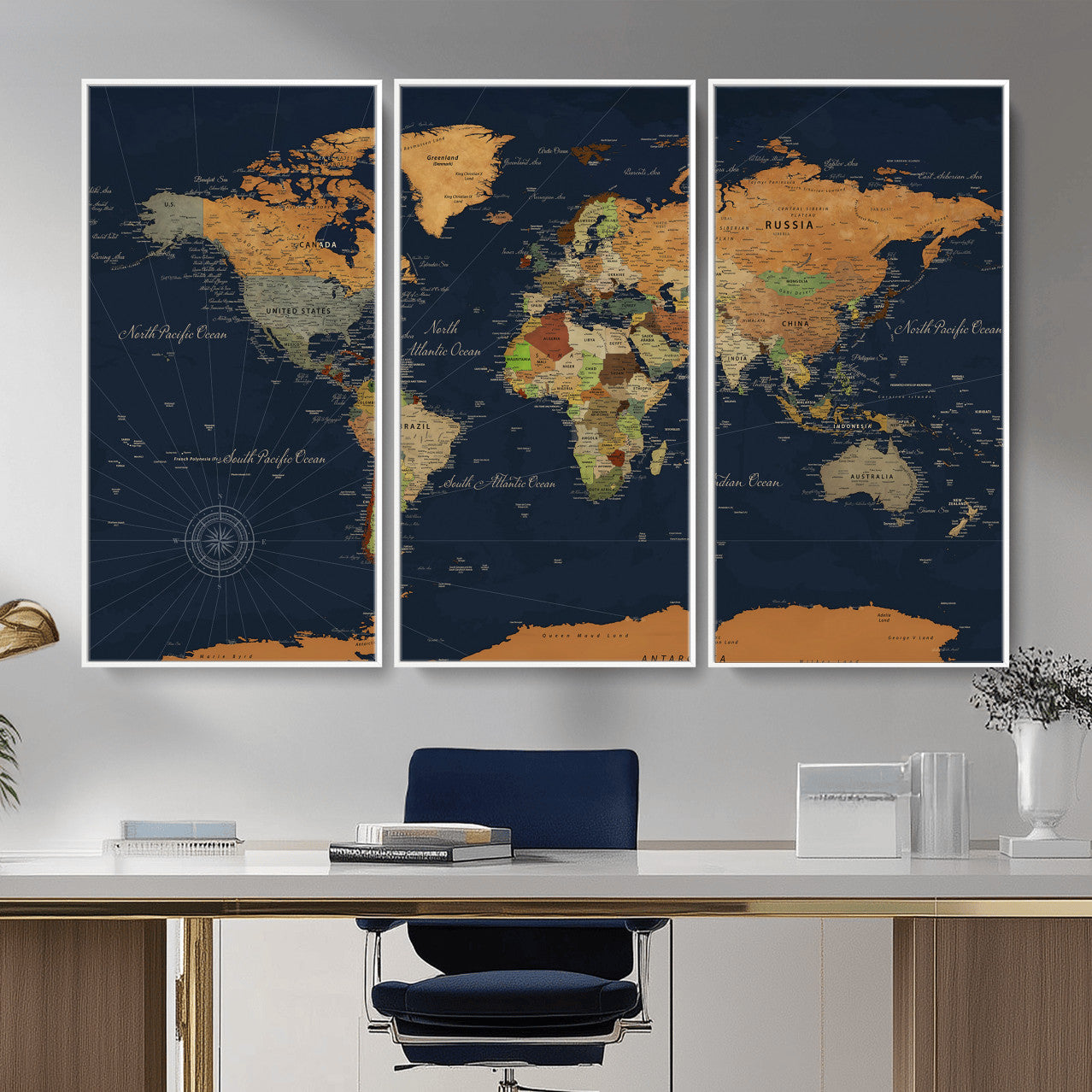 11715182-MGV-CV-36X24 - World Map Wall Art Canvas Print, Modern Decorative Framed Map Artwork Prints for Living Room, Office, Bedroom Wall Decor