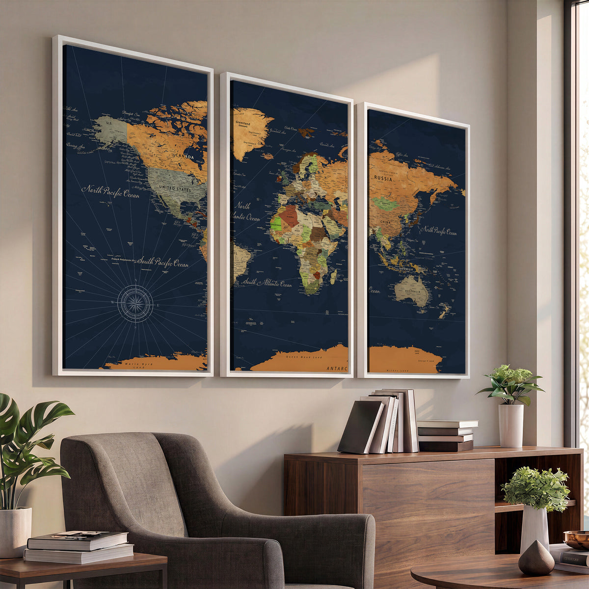 11715182-MGV-CV-36X24 - Modern World Map Canvas Print, Framed Detailed Map of the World Wall Art
