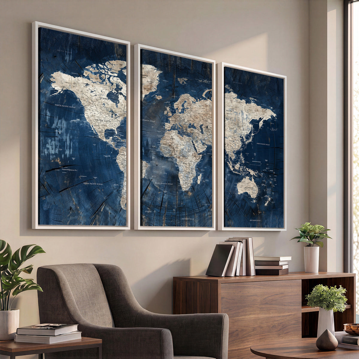 56126010-MGV-CV-36X24 - Large Blue World Map Wall Art Canvas Print for Home Office