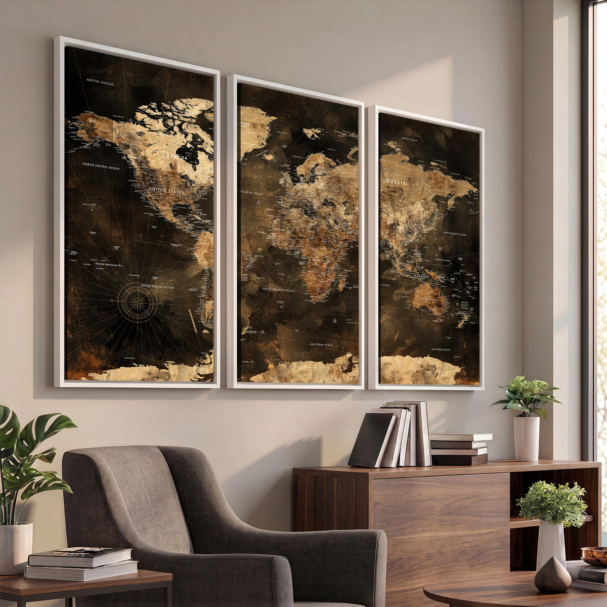 97742922-MGV-CV-36X24 - World Map Canvas Print, Modern Decorative Framed Map Artwork