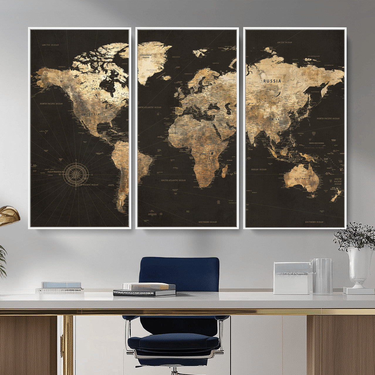 70985630-MGV-CV-36X24 - World Map Wall Art Canvas Print, Modern Decorative Framed Map Artwork Prints for Living Room, Office, Bedroom Wall Decor