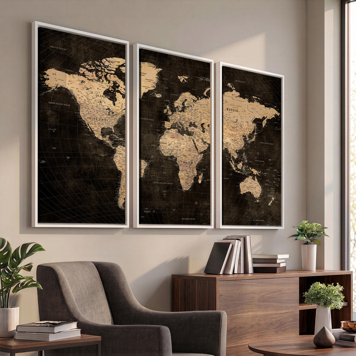15118265-MGV-CV-36X24 - Brown World Map Canvas Print | Modern Travel Map Wall Art