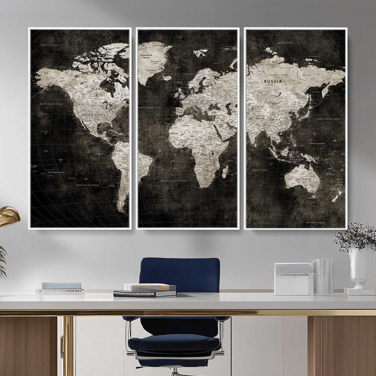 94581666-MGV-CV-36X24 - World Map Wall Art Canvas Print, Modern Decorative Framed Map Artwork Prints for Living Room, Office, Bedroom Wall Decor