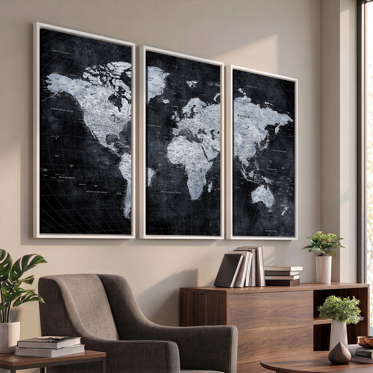 86893704-MGV-CV-36X24 - Black World Map Canvas Print | Detailed Map for Couples and Anniversary Gift