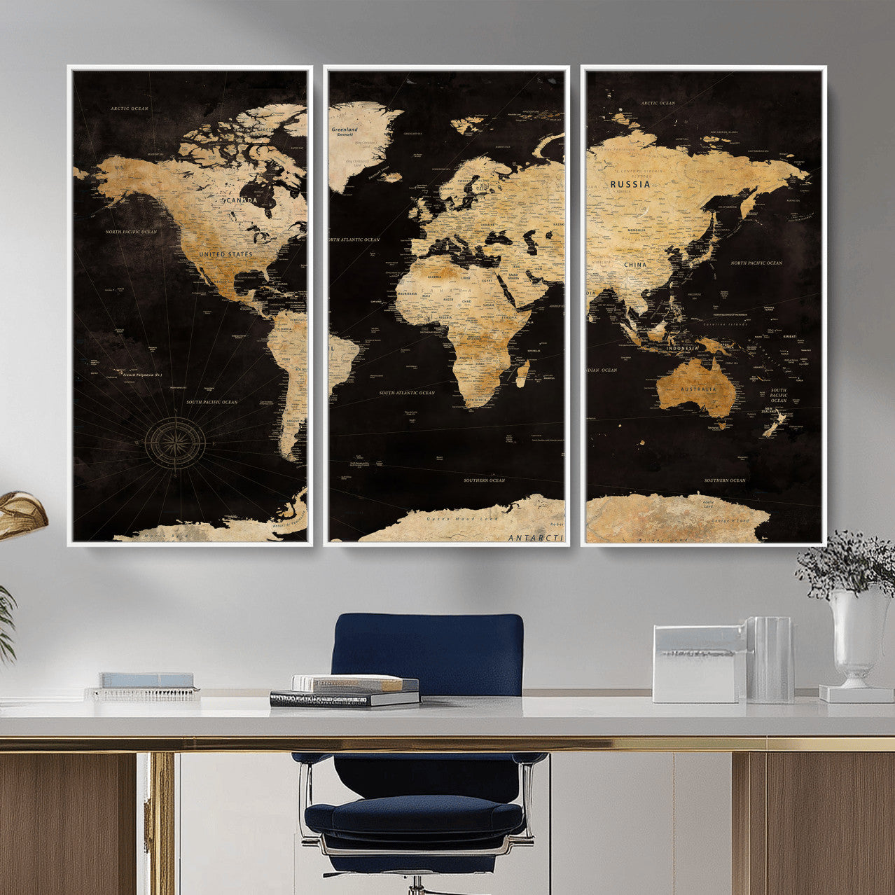 70468159-MGV-CV-36X24 - World Map Wall Art Canvas Print, Modern Decorative Framed Map Artwork Prints for Living Room, Office, Bedroom Wall Decor