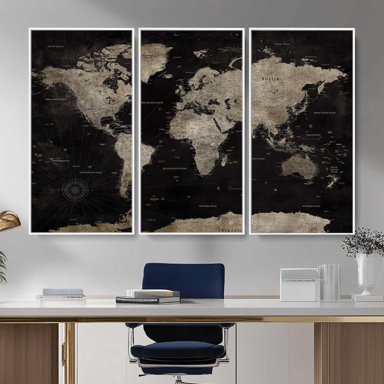 56225956-MGV-CV-36X24 - World Map Wall Art Canvas Print, Modern Decorative Framed Map Artwork Prints for Living Room, Office, Bedroom Wall Decor