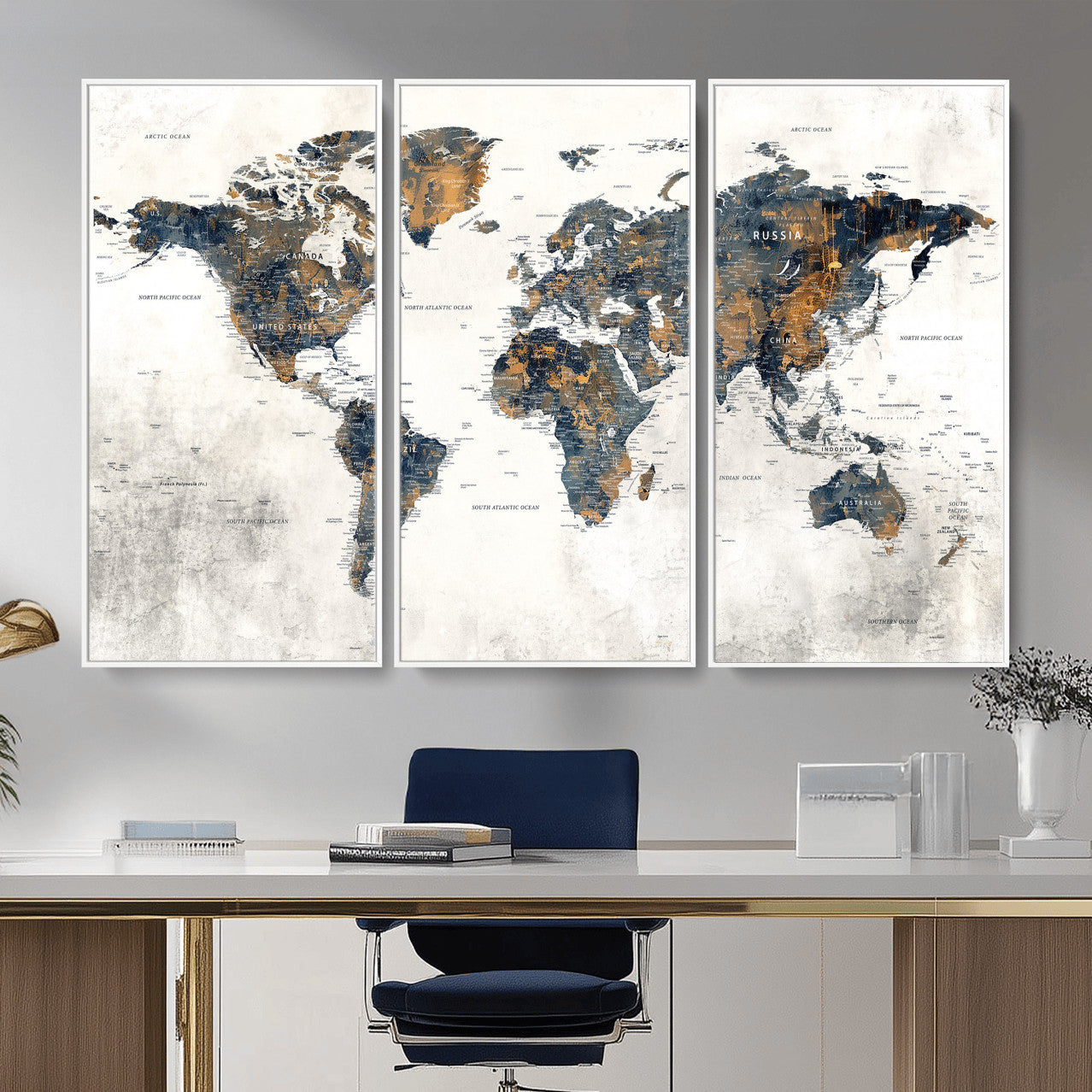52451147-MGV-CV-36X24 - World Map Wall Art Canvas Print, Modern Decorative Framed Map Artwork Prints for Living Room, Office, Bedroom Wall Decor