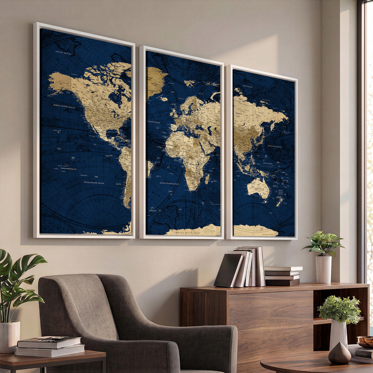 54770746-MGV-CV-36X24 - Navy Blue World Map Canvas Print – Detailed Map Minimal Navy