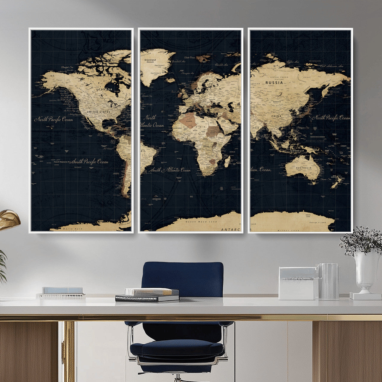 45063434-MGV-CV-36X24 - World Map Wall Art Canvas Print, Modern Decorative Framed Map Artwork Prints for Living Room, Office, Bedroom Wall Decor