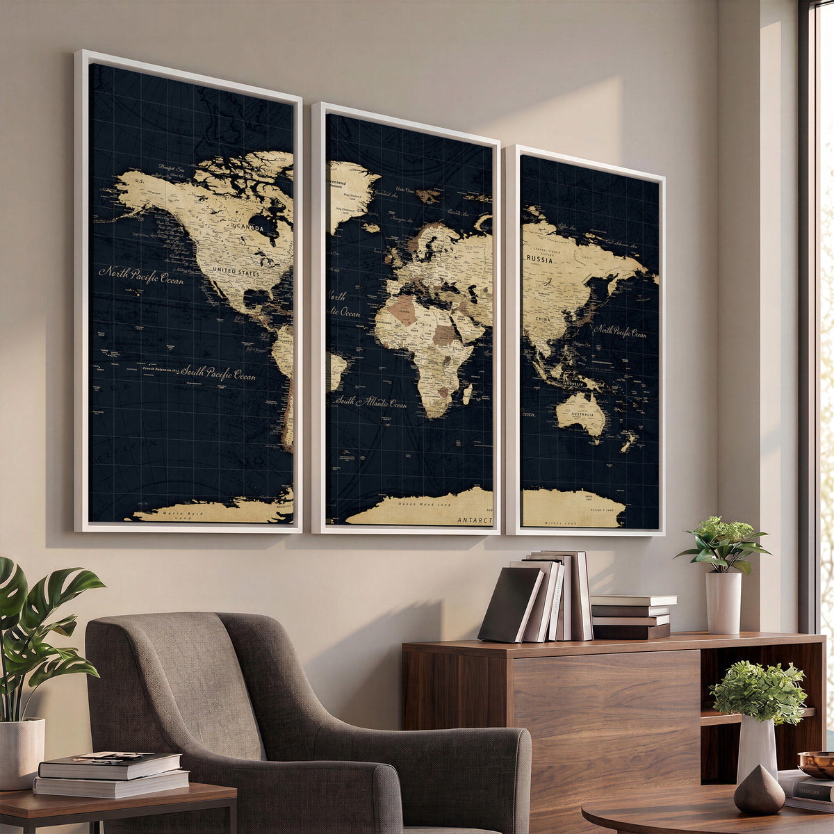 45063434-MGV-CV-36X24 - Dark World Map Canvas Wall Art Print, Minimal Black and Gold Map