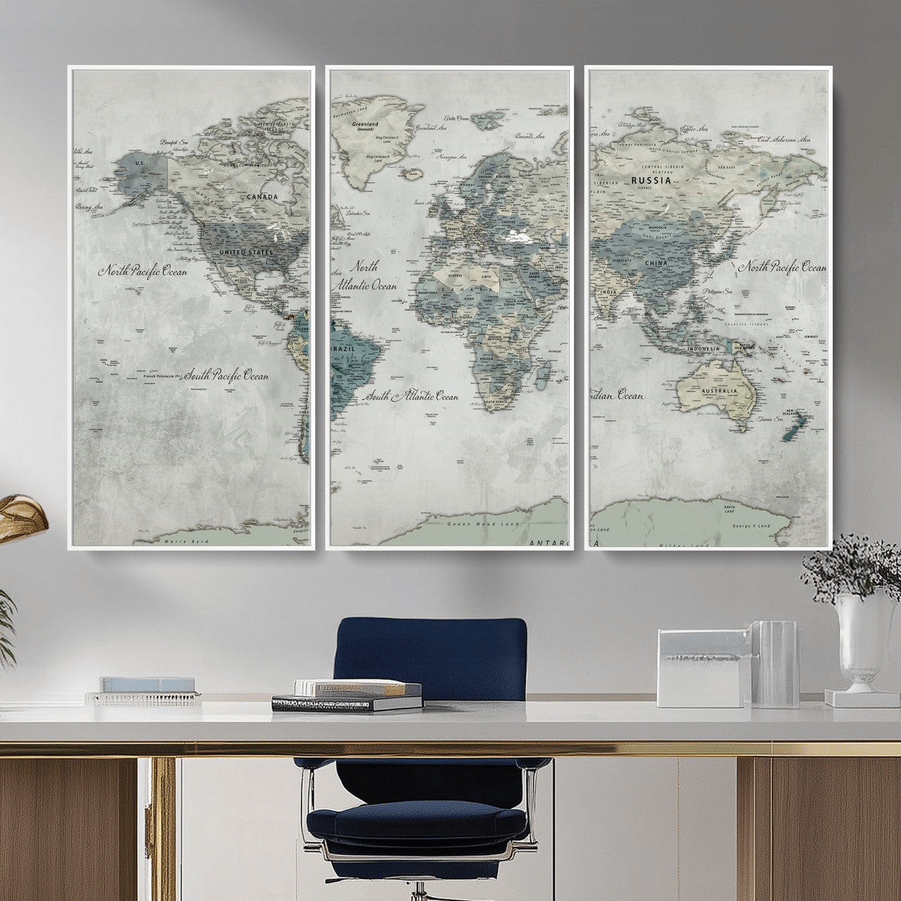 91132939-MGV-CV-36X24 - World Map Wall Art Canvas Print, Modern Decorative Framed Map Artwork Prints for Living Room, Office, Bedroom Wall Decor