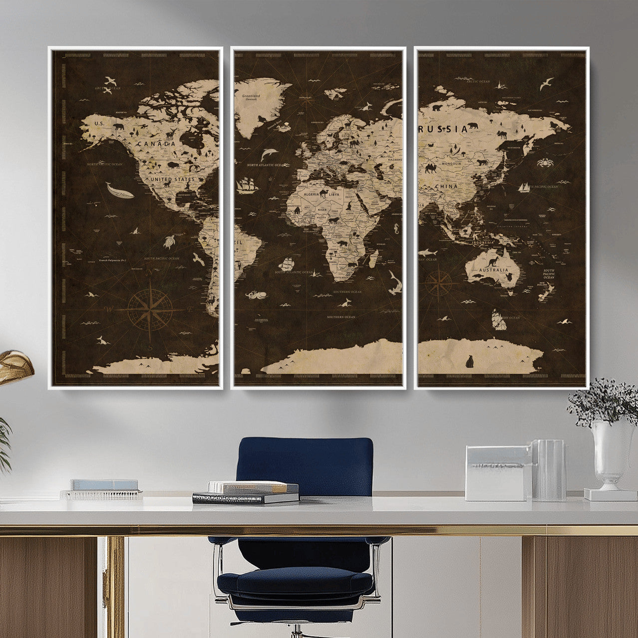 44276398-MGV-CV-36X24 - World Map Wall Art Canvas Print, Modern Decorative Framed Map Artwork Prints for Living Room, Office, Bedroom Wall Decor