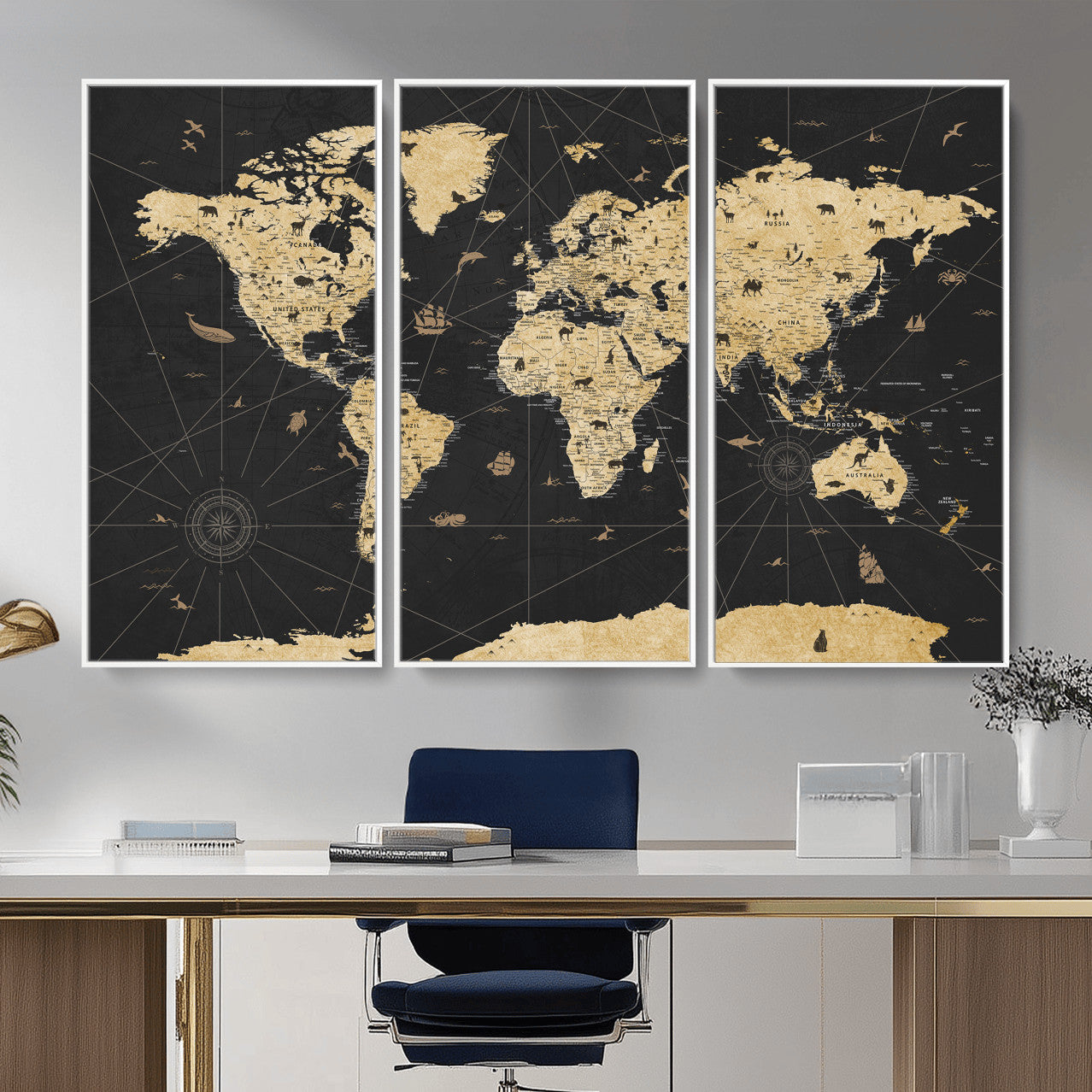 80270976-MGV-CV-36X24 - World Map Wall Art Canvas Print, Modern Decorative Framed Map Artwork Prints for Living Room, Office, Bedroom Wall Decor