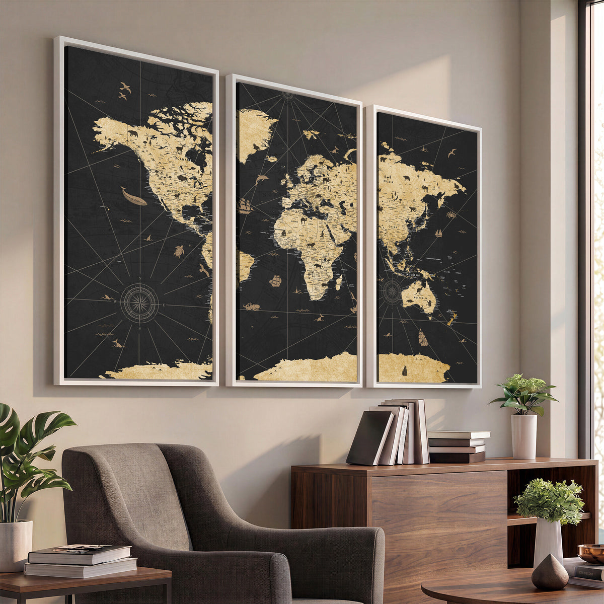 80270976-MGV-CV-36X24 - World Map Wall Art Canvas Print, Modern Decorative Framed Map Artwork Prints for Living Room, Office, Bedroom Wall Decor