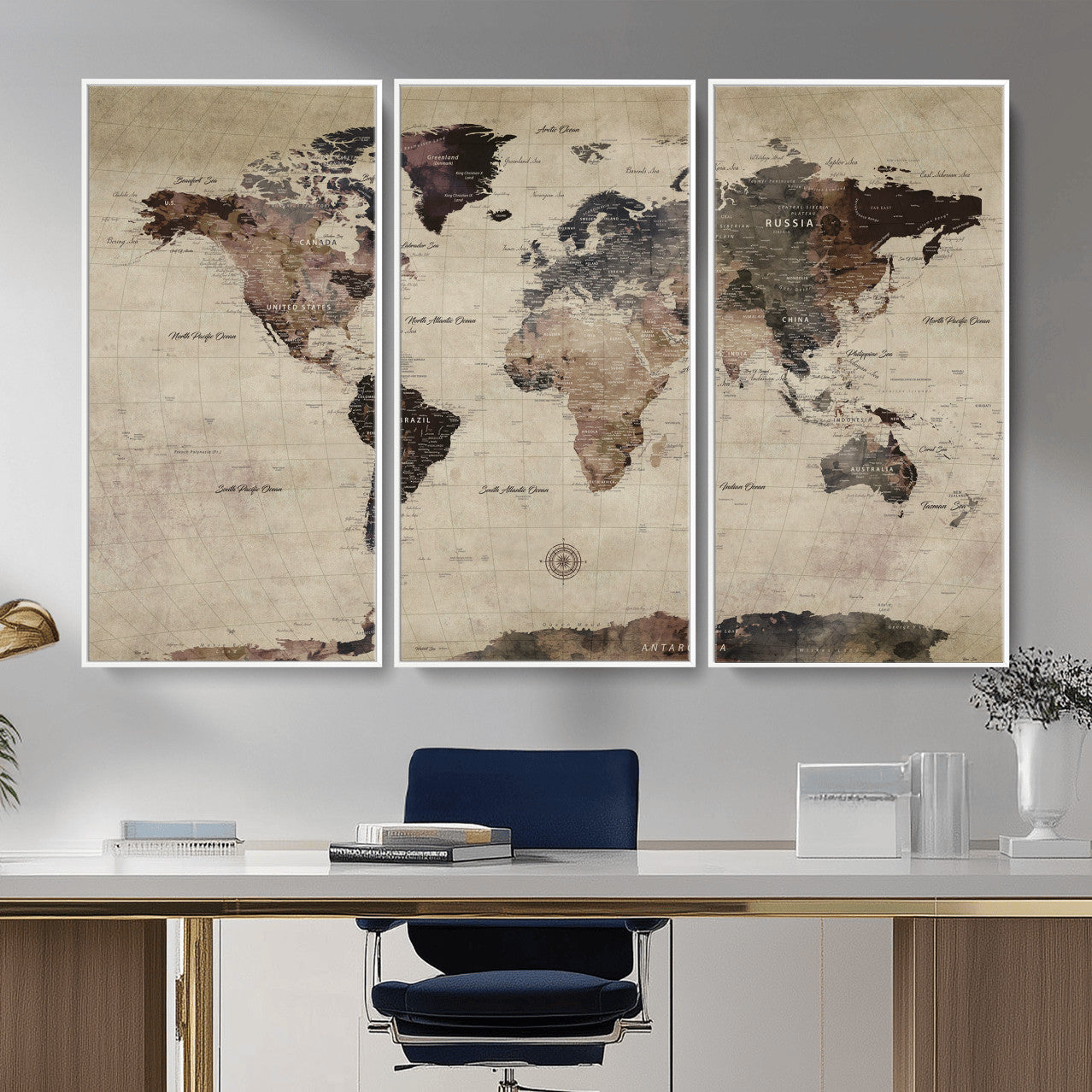 60560672-MGV-CV-36X24 - World Map Wall Art Canvas Print, Modern Decorative Framed Map Artwork Prints for Living Room, Office, Bedroom Wall Decor