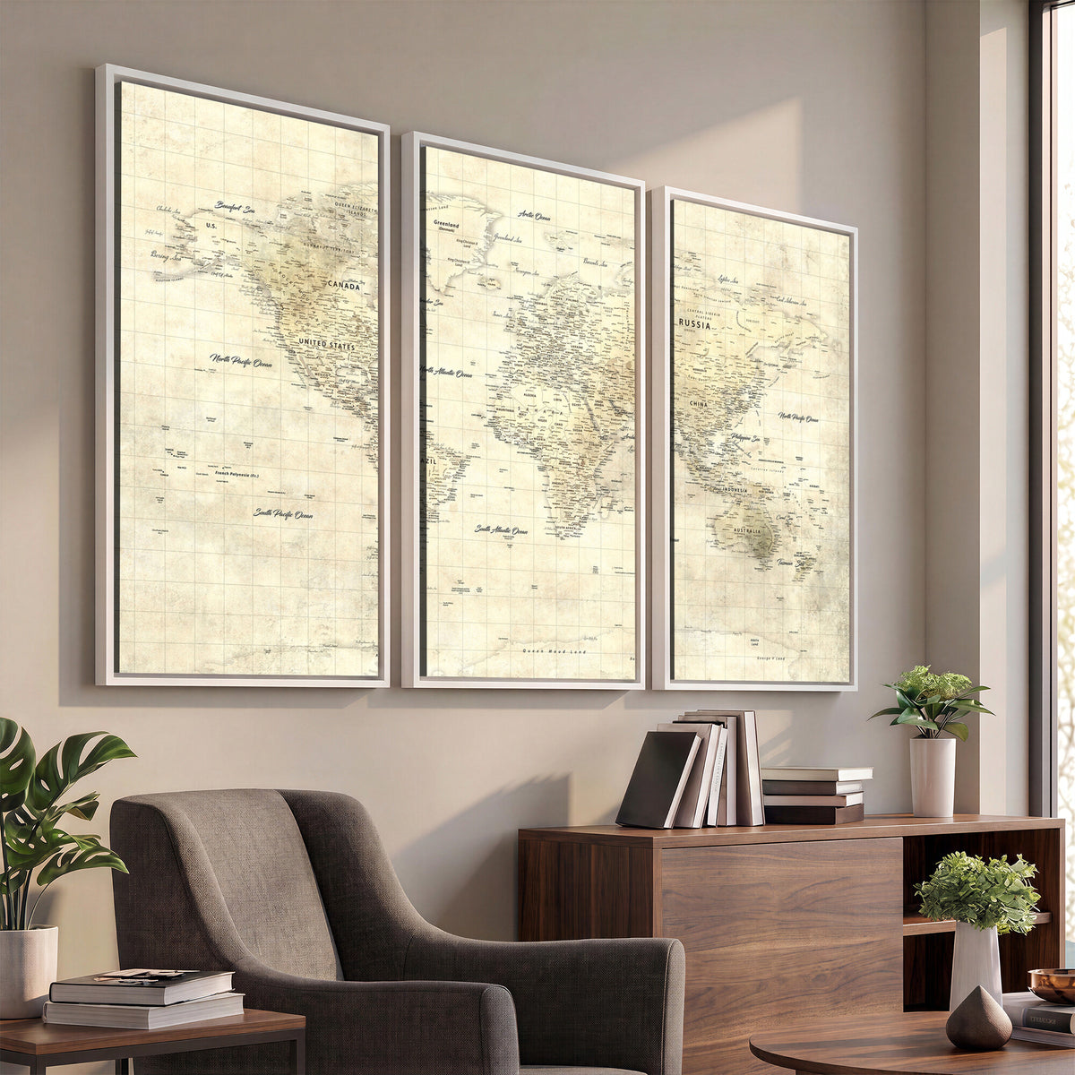 17101439-MGV-CV-36X24 - World Map Wall Art Canvas Print, Modern Decorative Framed Map Artwork Prints for Living Room, Office, Bedroom Wall Decor