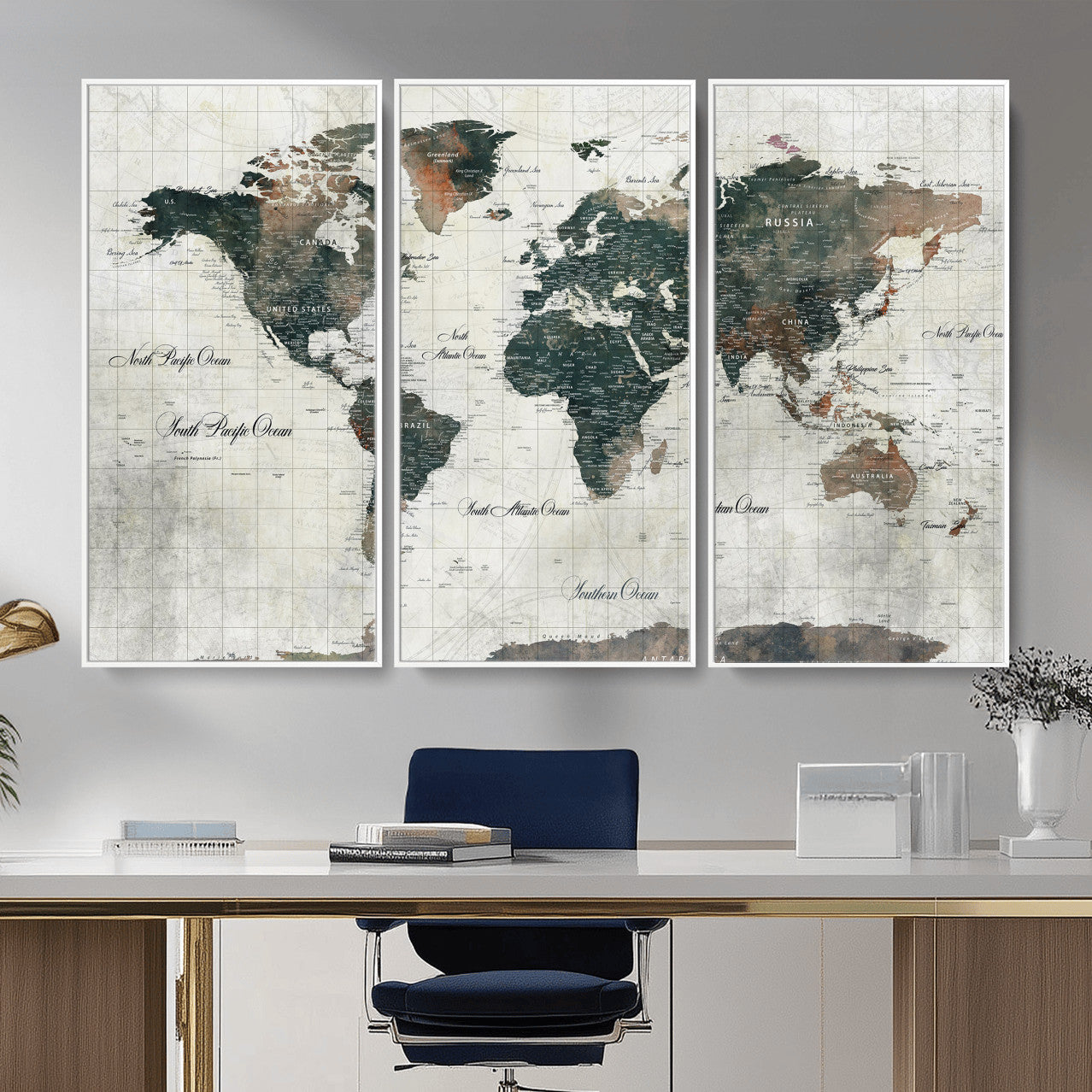 91179593-MGV-CV-36X24 - World Map Wall Art Canvas Print, Modern Decorative Framed Map Artwork Prints for Living Room, Office, Bedroom Wall Decor