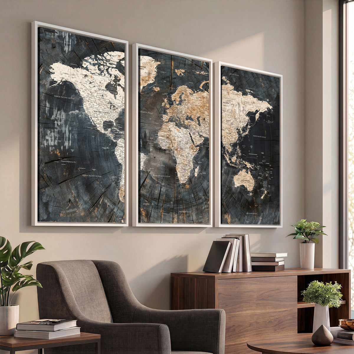 89162112-MGV-CV-36X24 - World Map Wall Art Canvas Print, Modern Decorative Framed Map Artwork Prints for Living Room, Office, Bedroom Wall Decor
